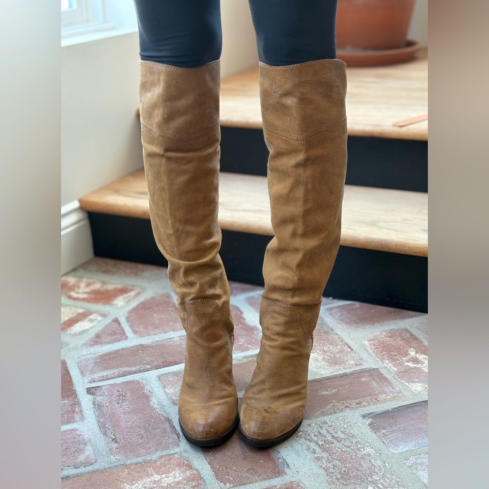 Apepazza knee high leather boots with brand new soles! Tan size 7.5, 3.5” heel